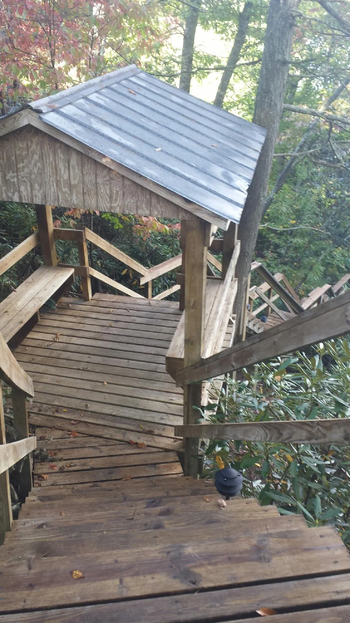 Metal roofed shelter over wooden steps on a wooded walkway — Skylight Repair & Installation work by our crew in Thorntown